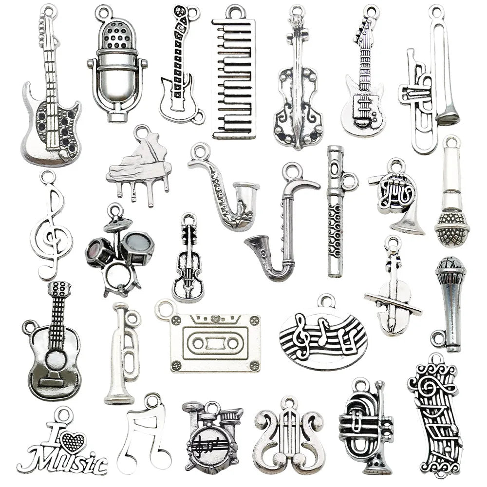 10-Piece Silver Music Instrument Charms – Guitar, Microphone & Note Pendants for DIY Jewelry