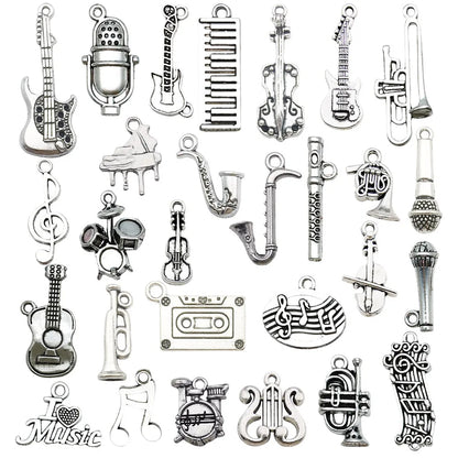 10-Piece Silver Music Instrument Charms – Guitar, Microphone & Note Pendants for DIY Jewelry