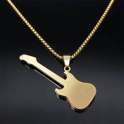 Gold Stainless-Steel Guitar Pendant Necklace – Hip-Hop Music Instrument Charm