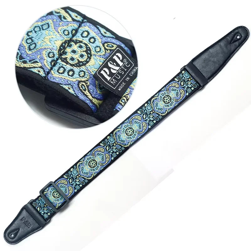 Vintage Embroidered Jacquard Guitar Strap with Genuine Leather Ends