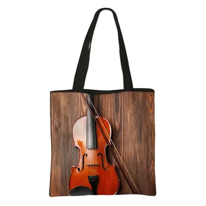 Music Notes Print Tote Bag Musical Instrument Handbag Guitar Violin/Violoncello/Piano Shoulder Bag BookBag Day Bag Shopping Bag