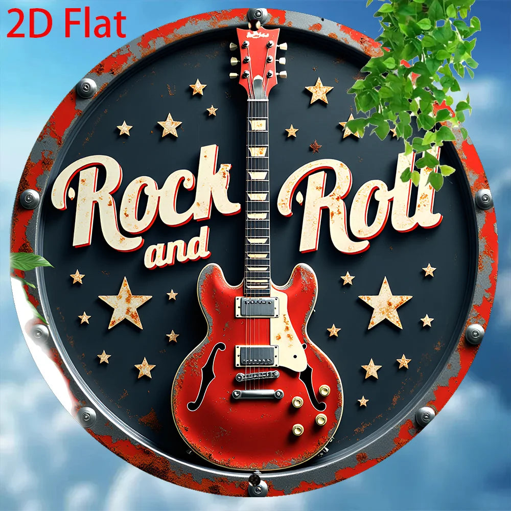 2D Flat - 1pc Retro Rock 'n' Roll Aluminum Tin Sign Wall Art - 8x8 Inch Vintage Round Metal Plaque with Red Electric Guitar & St