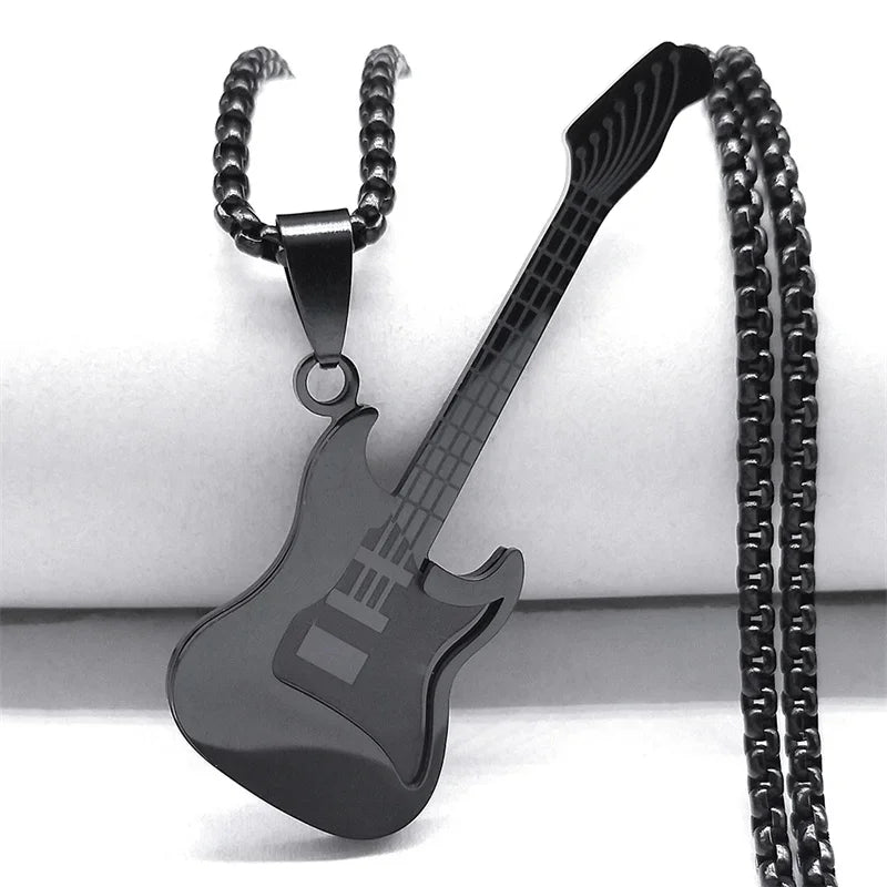 Gold Stainless-Steel Guitar Pendant Necklace – Hip-Hop Music Instrument Charm