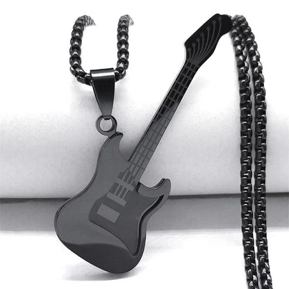 Gold Stainless-Steel Guitar Pendant Necklace – Hip-Hop Music Instrument Charm