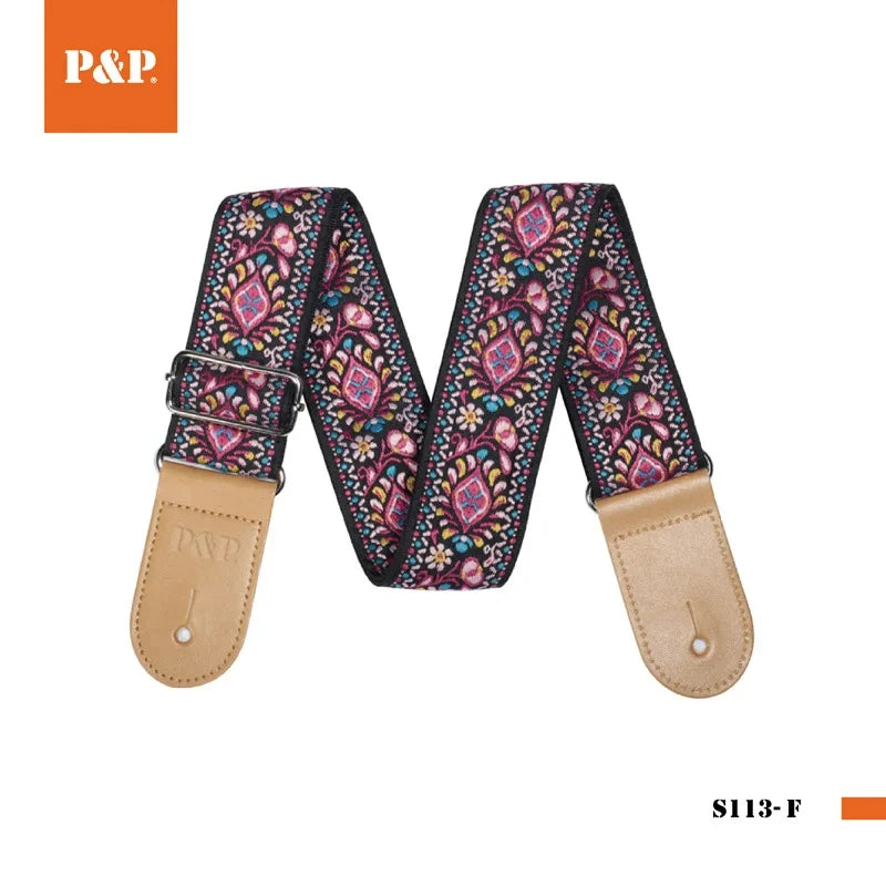 Vintage Embroidered Jacquard Guitar Strap with Genuine Leather Ends