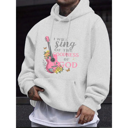 Men's Hoodie Black I Will Sing of the Goodness of God Guitar Floral Print High Quality Cotton Casual Daily Wear Workout Hoodies