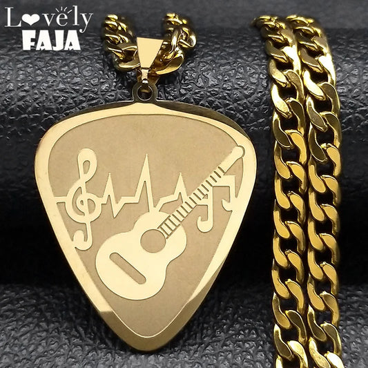 Hip-Hop Guitar Pick & Bass Note Necklace – Gold-Plated Stainless Steel Music Pendant