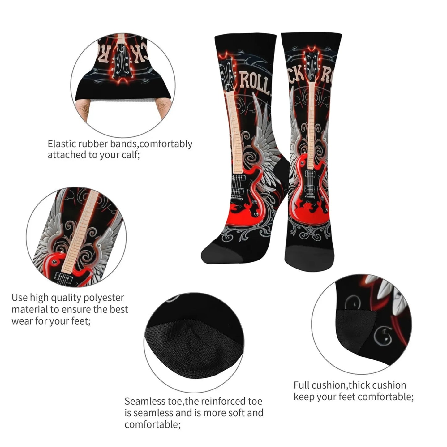 Rock Rolling Guitar Men's Socks Harajuku Style Fashion Retro Casual Socks Crazy Party Gift Street Hip Hop Novelty Funny Socks