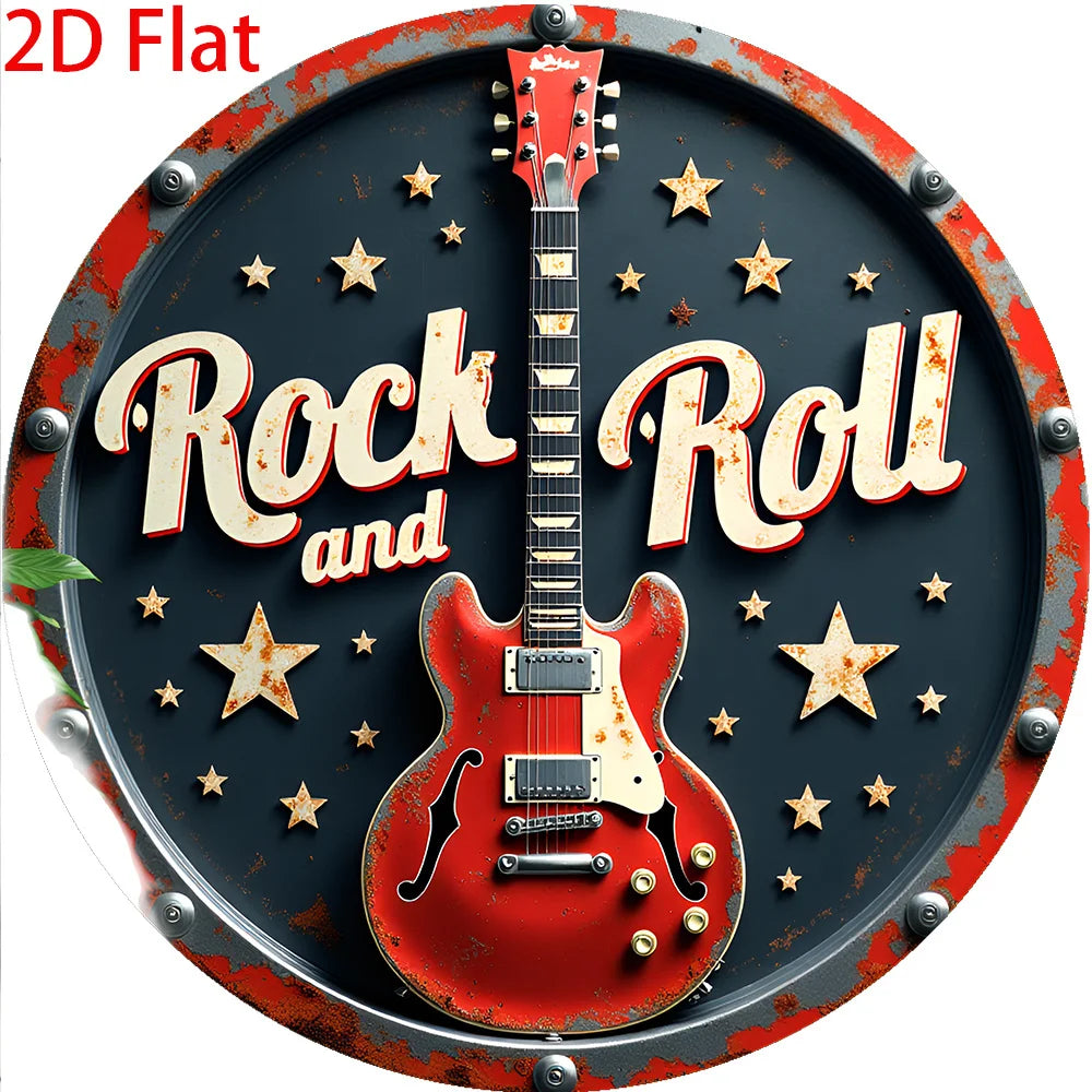 2D Flat - 1pc Retro Rock 'n' Roll Aluminum Tin Sign Wall Art - 8x8 Inch Vintage Round Metal Plaque with Red Electric Guitar & St