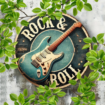 Rock & Roll Guitar Themed Aluminum Metal Tin Sign , Foil Engraved Wall Art Decor - For Home Office - Ideal for Living Room, Bar