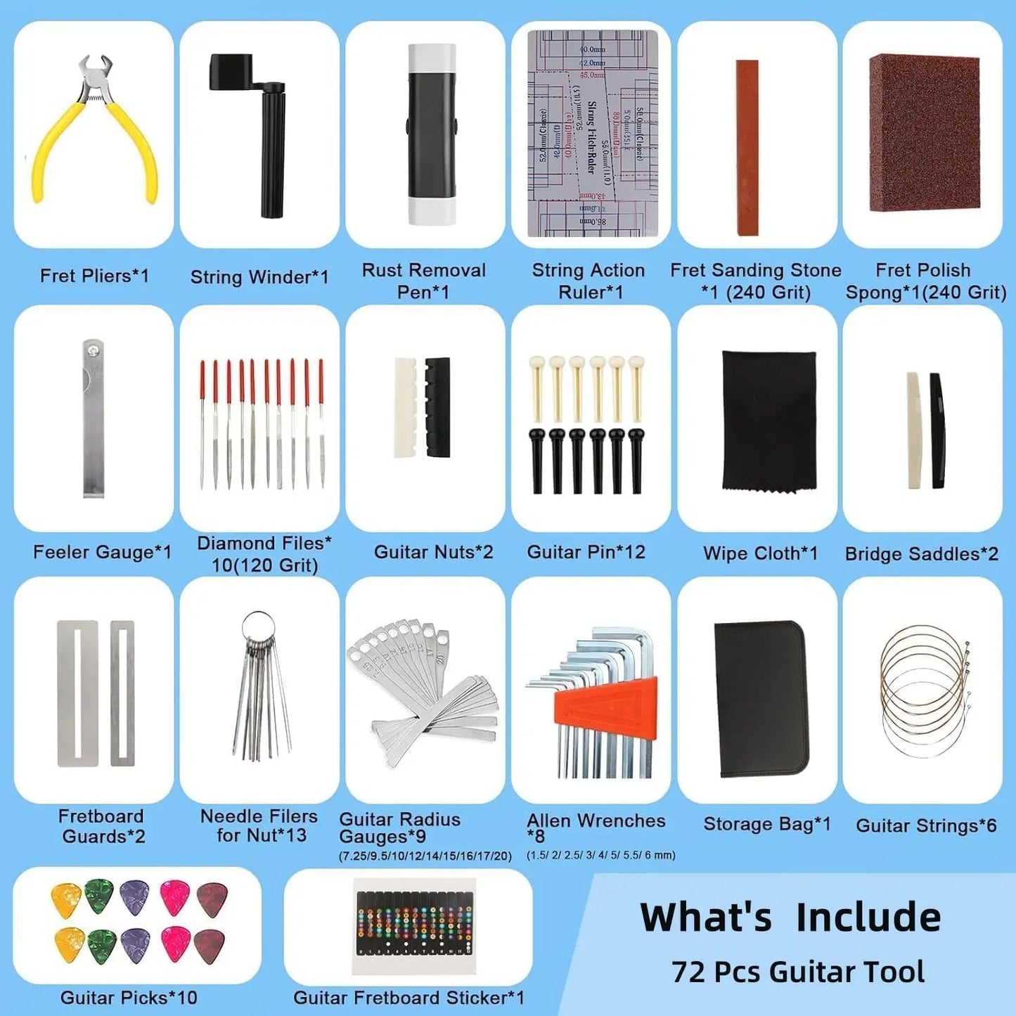 72PCS Guitar Repair Tool Kit Guitar Maintenance Tool Set for Guitar Ukulele Bass Banjo Luthier Tools Guitar Repair Tool Kit