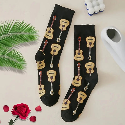 1 Pair Men Guitar Printed Mid Tube Socks Fashionable Versatile Cartoon Round Neck Soft Comfortable Breathable Casual Socks