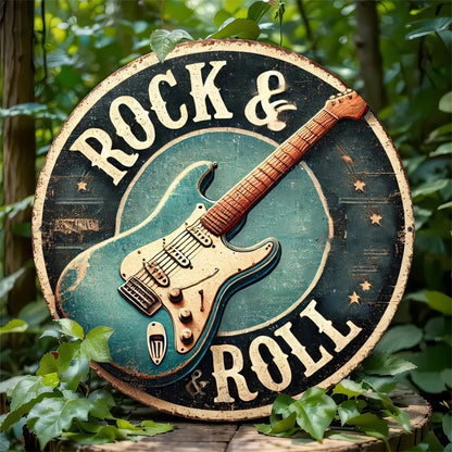 Rock & Roll Guitar Themed Aluminum Metal Tin Sign , Foil Engraved Wall Art Decor - For Home Office - Ideal for Living Room, Bar