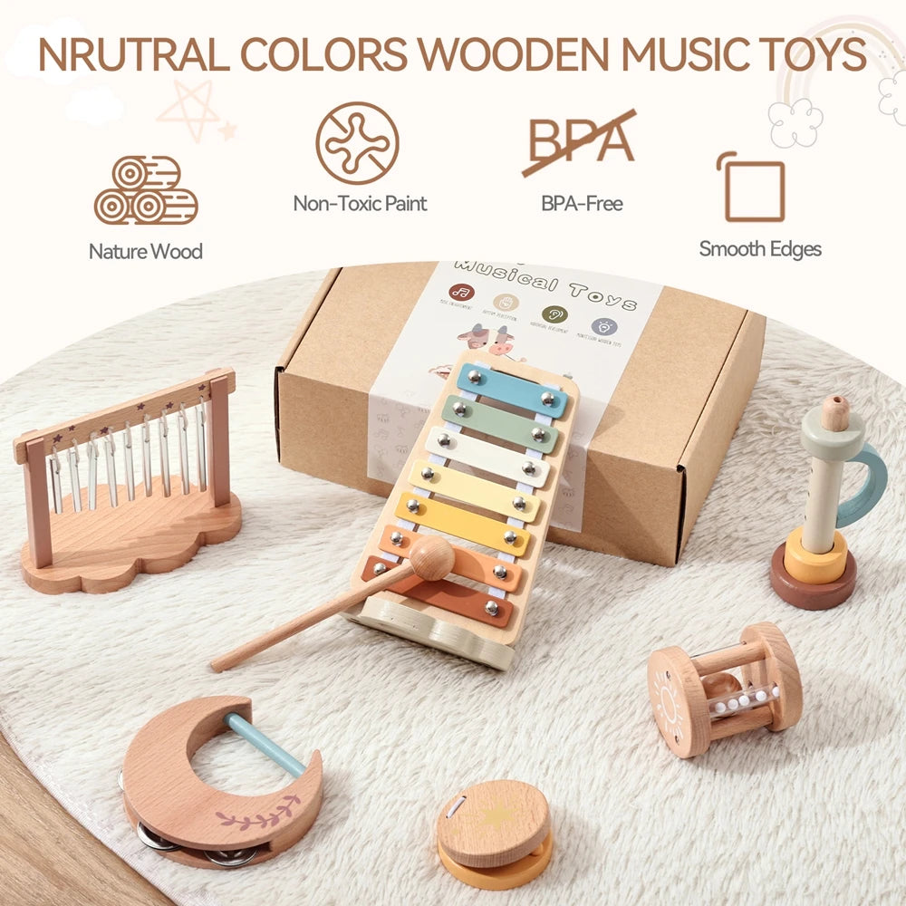 7pc Sets Music Toys for Children Music Instruments Girl Toys Wooden Cartoon Educational Instruments Children's Toys Instruments