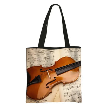Music Notes Print Tote Bag Musical Instrument Handbag Guitar Violin/Violoncello/Piano Shoulder Bag BookBag Day Bag Shopping Bag