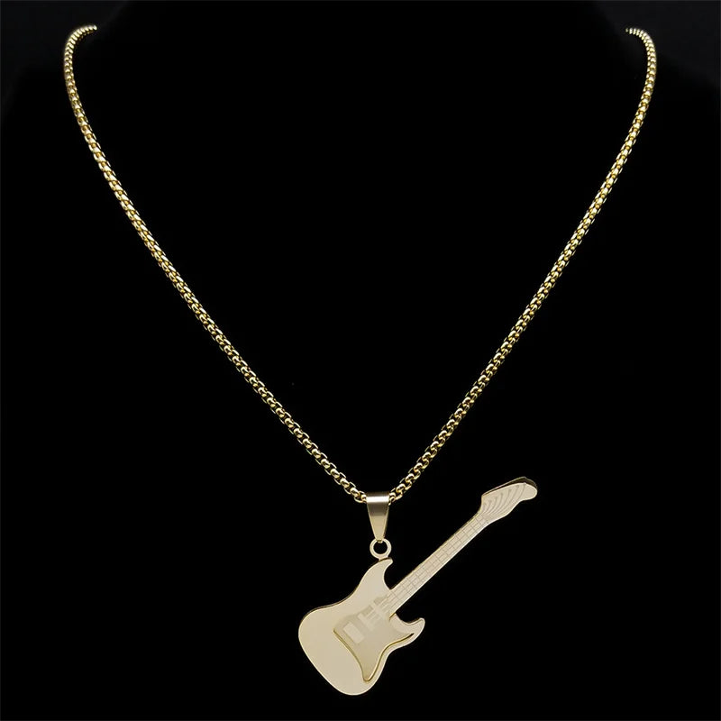 Gold Stainless-Steel Guitar Pendant Necklace – Hip-Hop Music Instrument Charm
