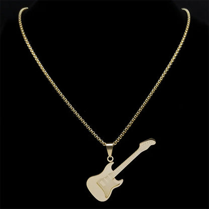 Gold Stainless-Steel Guitar Pendant Necklace – Hip-Hop Music Instrument Charm