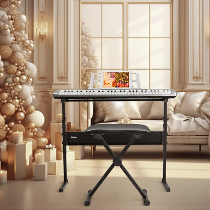 61 Key Lighting Keyboard with Piano Stand, Piano Bench, Built In Speakers, Headphone, Microphone, Music Rest, LED Screen