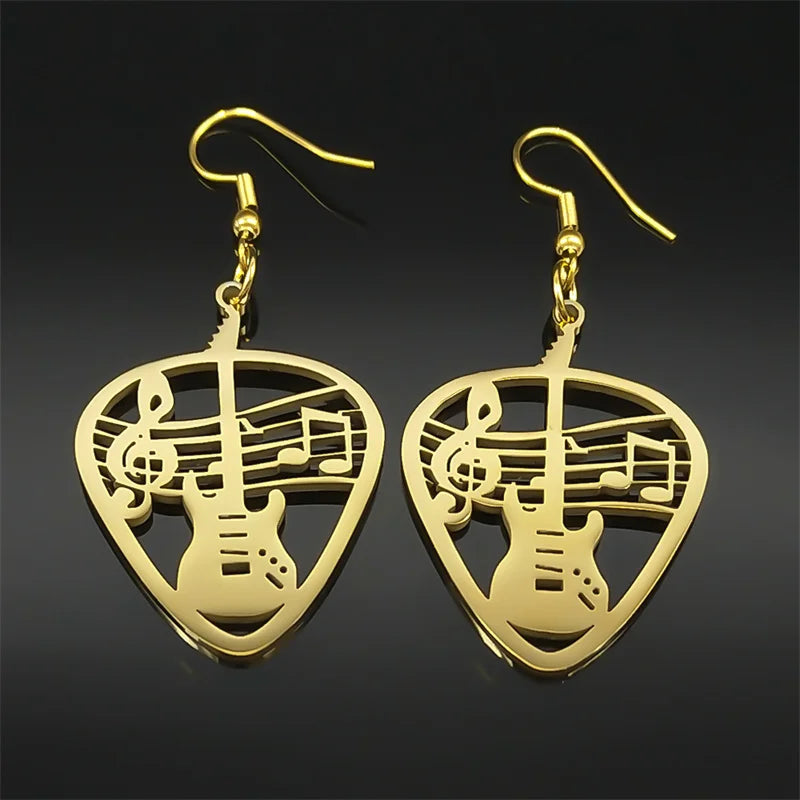 Rock Music Guitar Pick Pendant Drop Earrings for Women Stainless Steel Punk Musical Bass Note Dangle Earring Party Gift Jewelry