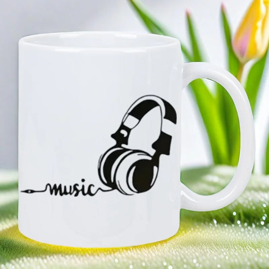 Music Lover's White Ceramic Mug with Headphones & Music Notes Design - Reusable Coffee Cup for Tea, Hot Chocolate - Hand Wash On