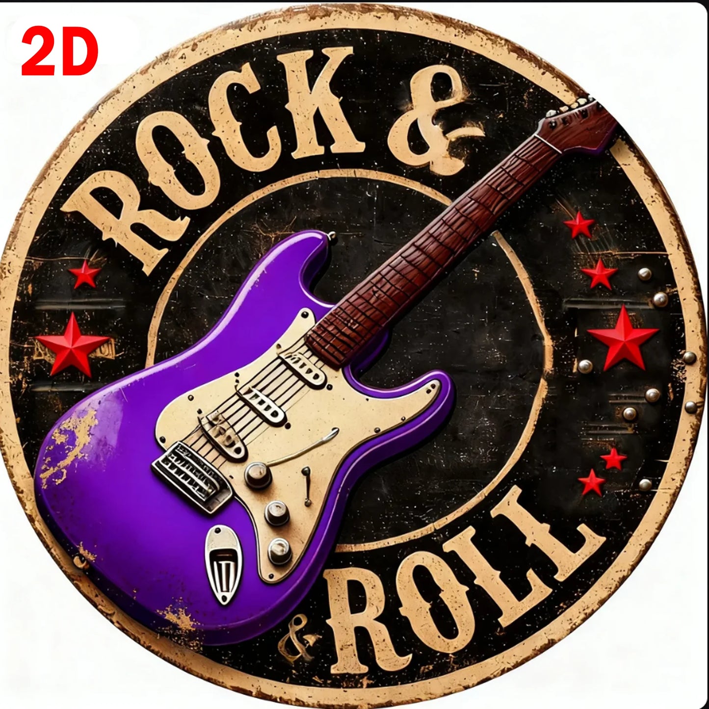 Rock & Roll Guitar Themed Aluminum Metal Tin Sign , Foil Engraved Wall Art Decor - For Home Office - Ideal for Living Room, Bar