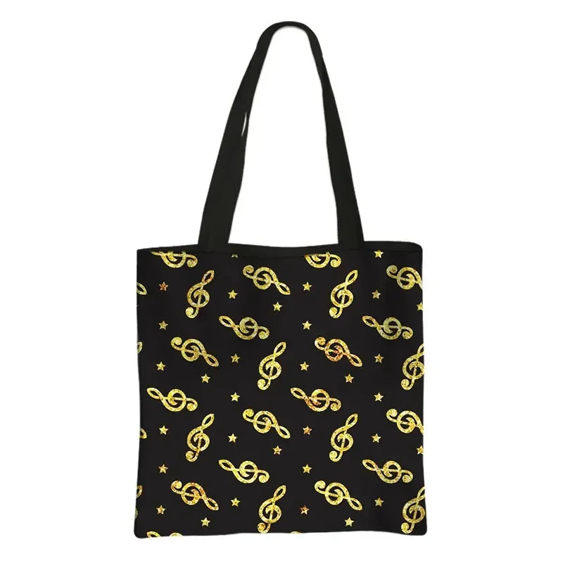 Music Notes Print Tote Bag Musical Instrument Handbag Guitar Violin/Violoncello/Piano Shoulder Bag BookBag Day Bag Shopping Bag