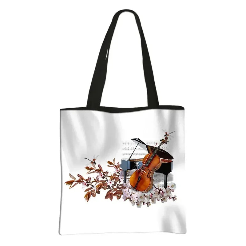 Music Notes Print Tote Bag Musical Instrument Handbag Guitar Violin/Violoncello/Piano Shoulder Bag BookBag Day Bag Shopping Bag