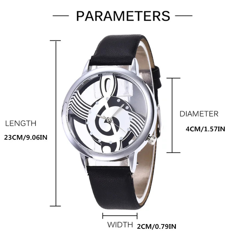 Music Shape Watch Round Dial Elegant Black White Leather Casual Watches Hollow Style Women Fashion Wristwatch