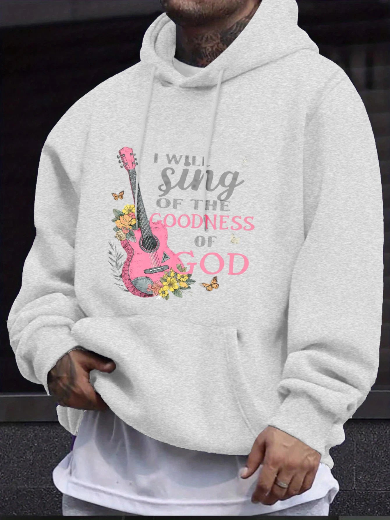Men's Hoodie Black I Will Sing of the Goodness of God Guitar Floral Print High Quality Cotton Casual Daily Wear Workout Hoodies