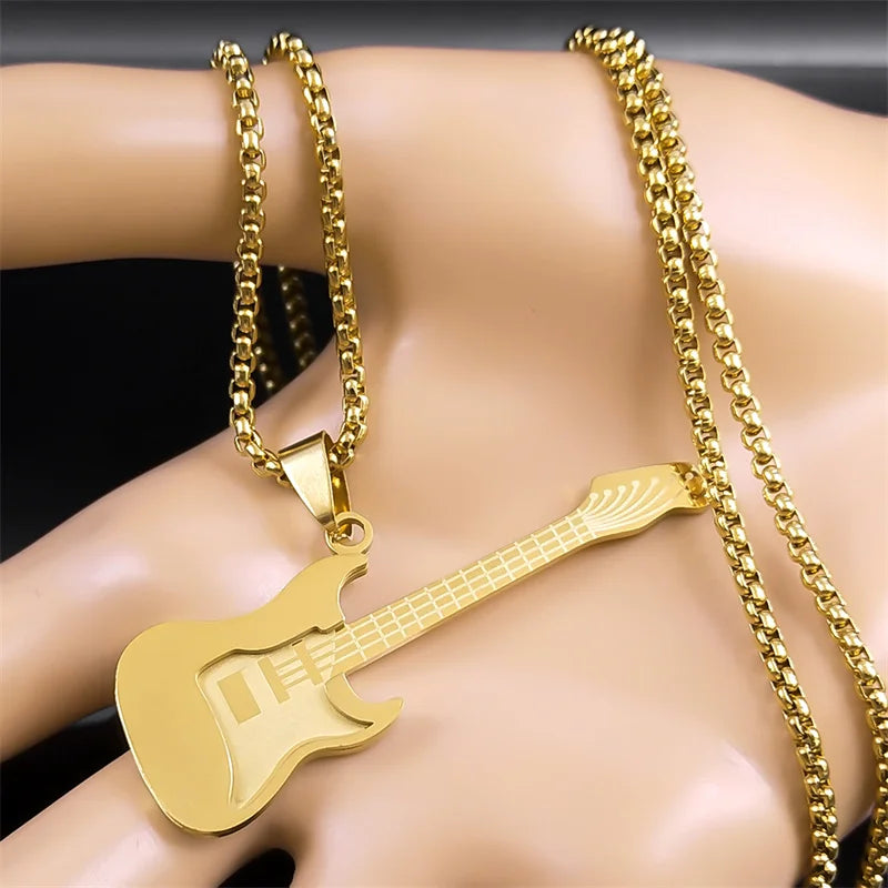 Gold Stainless-Steel Guitar Pendant Necklace – Hip-Hop Music Instrument Charm