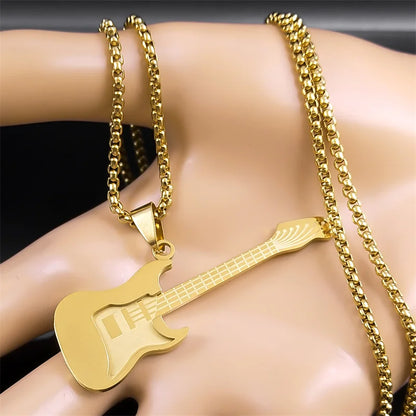Gold Stainless-Steel Guitar Pendant Necklace – Hip-Hop Music Instrument Charm