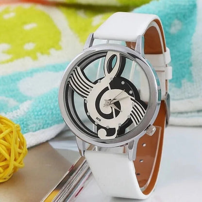 Music Shape Watch Round Dial Elegant Black White Leather Casual Watches Hollow Style Women Fashion Wristwatch