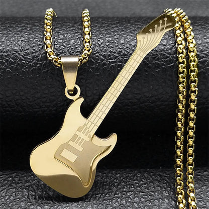 Gold Stainless-Steel Guitar Pendant Necklace – Hip-Hop Music Instrument Charm