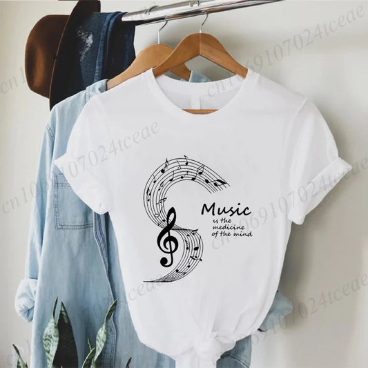 Summer Fashion Brand Women's T-shirt Clothing Music Note Print Tshirt Clothing Y2k Streetwear T Shirt Music Note Lover Tee Tops