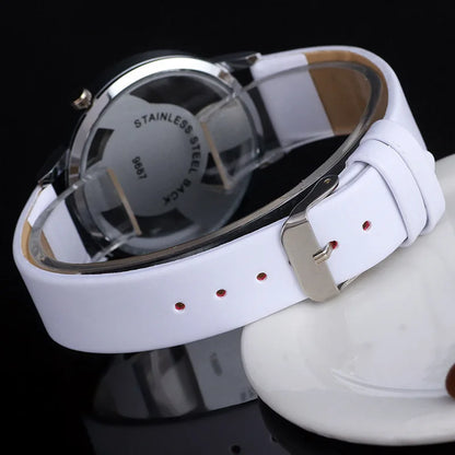 Music Shape Watch Round Dial Elegant Black White Leather Casual Watches Hollow Style Women Fashion Wristwatch