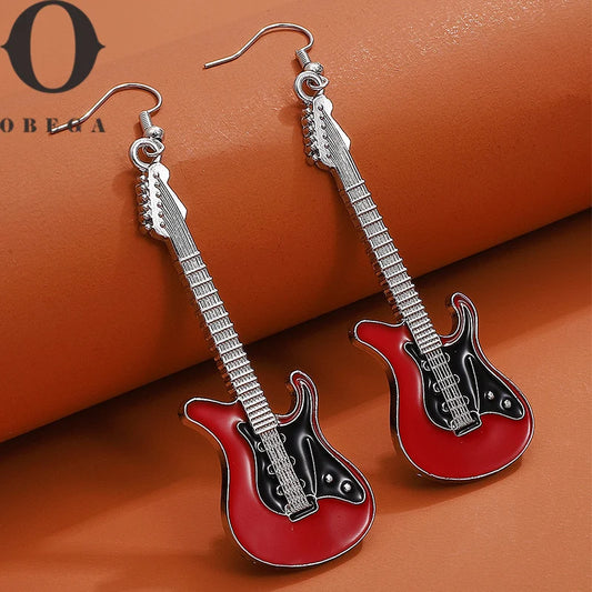 Obega Guitar Drop Earrings – Vintage Epoxy Guitar Charm Earrings (Silver, Black, Red, White)