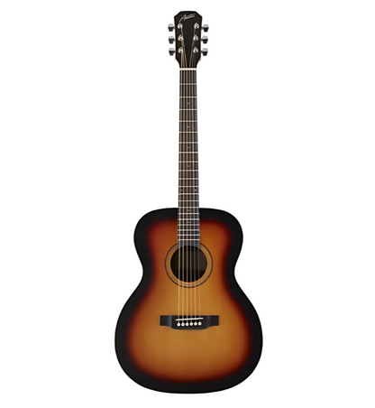 Austin AA25OSSB acoustic orchestra guitar sunburst front view, Side view of Austin AA25OSSB compact body acoustic guitar