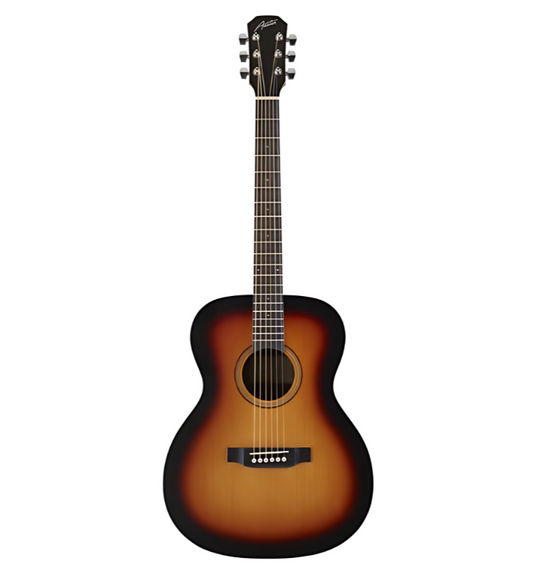 Austin AA25OSSB acoustic orchestra guitar sunburst front view, Side view of Austin AA25OSSB compact body acoustic guitar