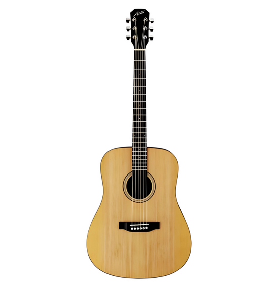 Austin AA25DS dreadnought acoustic guitar front view natural finish, Side view of Austin AA25DS full-size acoustic guitar
