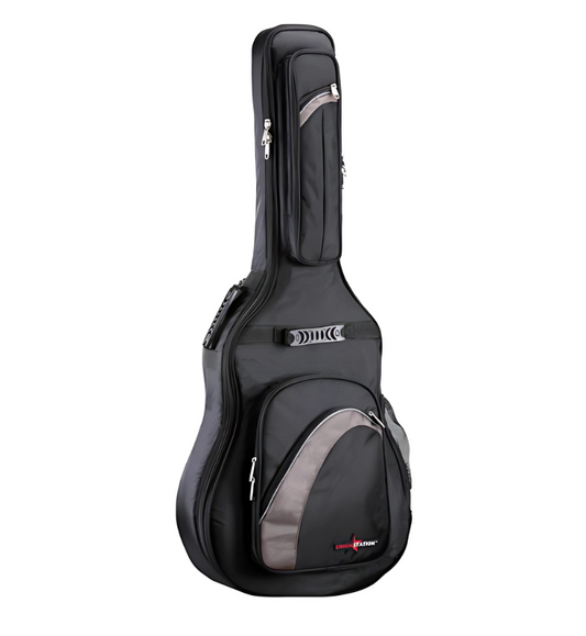 Union Station USB-25C classical guitar gig bag front view, USB-25C padded guitar bag with backpack straps, USB-25C gig bag with accessory pockets for classical guitars, Side view of USB-25C gig bag showing 25mm padding, USB-25C durable gig bag for student and casual guitarists