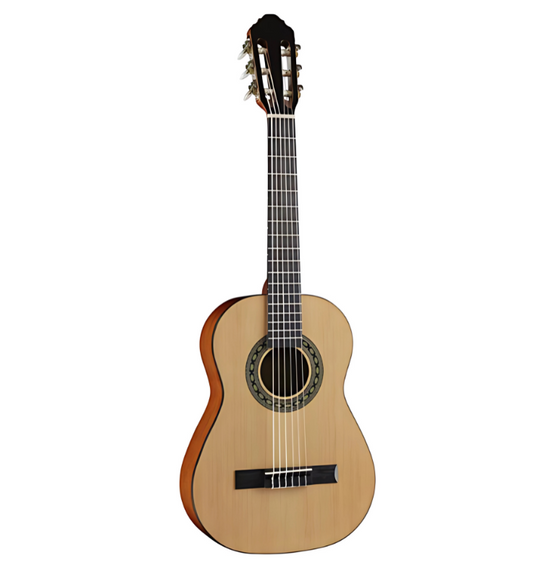 Austin AC312N half-size classical guitar front view nylon strings, Side profile of AC312N classical guitar for children, Close-up of techwood fingerboard on AC312N student guitar