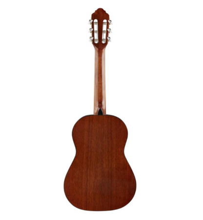 Back view of Austin AC312N with mahogany finish, Austin AC312N headstock with DAddario strings, Austin AC312N nylon-string guitar with mosaic rosette detail