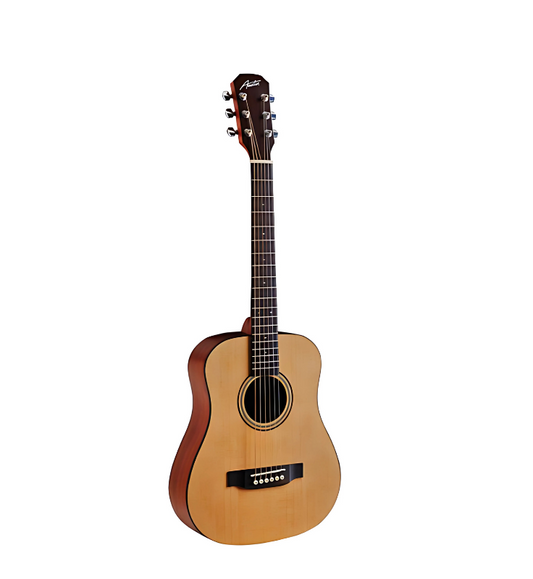 Austin AM30DSS travel-size dreadnought acoustic guitar front view, Compact dreadnought AM30DSS guitar side profile with natural finish, Back view of AM30DSS travel guitar with mahogany body, Austin AM30DSS guitar with padded gig bag, Close-up of techwood fingerboard and maple binding, Austin AM30DSS open pore finish small body acoustic guitar