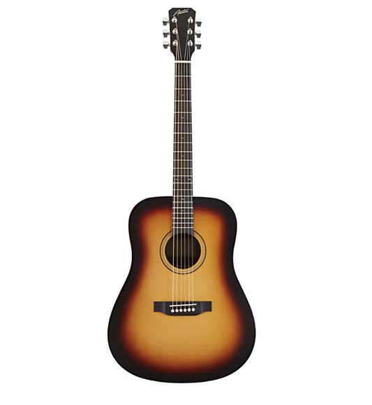 Austin AA25DSSB dreadnought acoustic guitar sunburst front view, Side view of Austin AA25DSSB full-sized dreadnought guitar