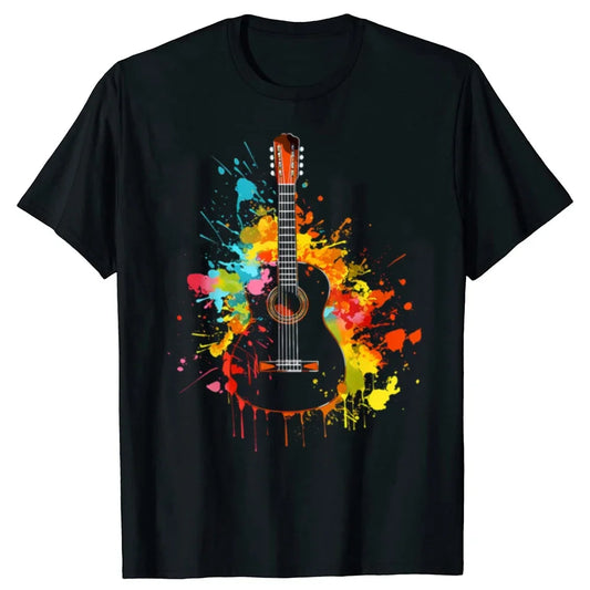 Front view of the unisex acoustic guitar musicians t-shirt featuring a detailed guitar graphic design.