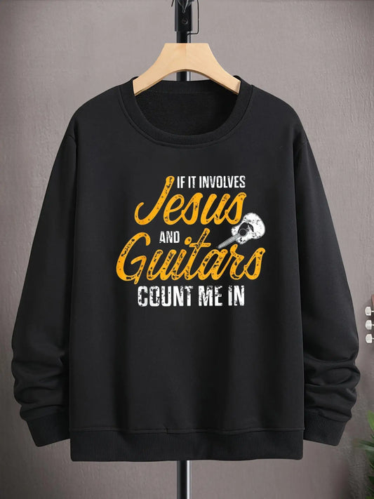 Front view of the Men’s Christian Worship Guitarist Sweatshirt featuring the Jesus guitar chords inspirational graphic for church musicians.