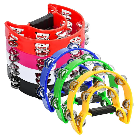 Front view of the vibrant double-layer half-moon tambourine showing its two rows of jingles.