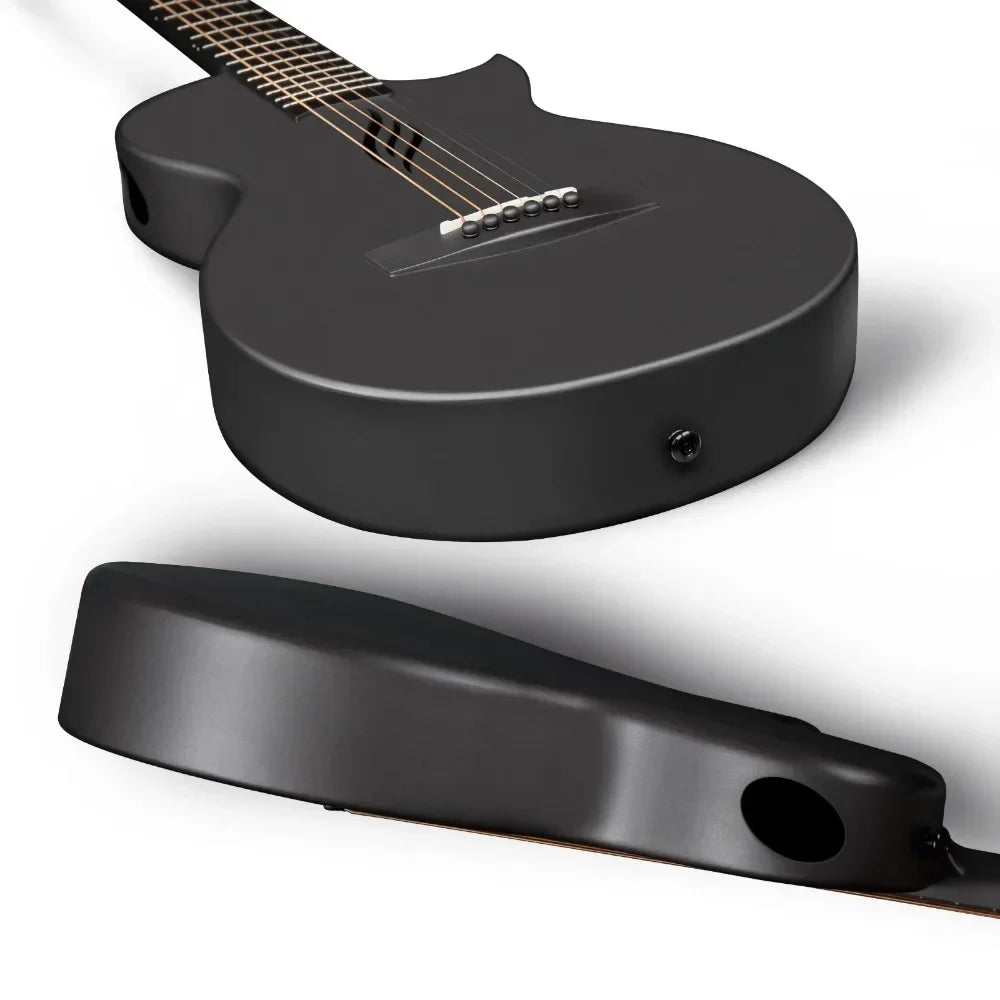 Back of the Enya Nova Go travel guitar showing its arched carbon-fiber body for enhanced resonance.