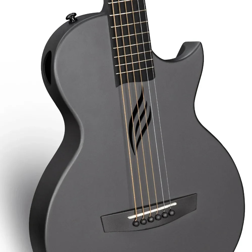 Close-up of the Enya Nova Go carbon-fiber neck and radius fretboard with 20 smooth round-end frets.