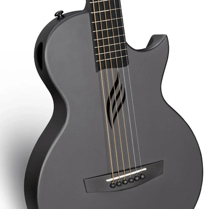 Close-up of the Enya Nova Go carbon-fiber neck and radius fretboard with 20 smooth round-end frets.